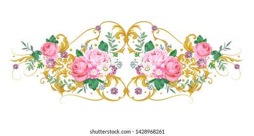 Royal horizontal vignette with country roses and golden scrolls in Victorian style