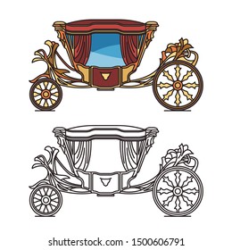 Royal horse chariot for travel or vintage carriage for weddings. Isolated classical marriage waggon or Coach of infant D. Antonio, victorian clarence or medieval brougham, stagecoach,perth-cart