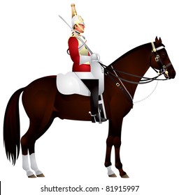 Royal horse guardsman on his horse, A mounted trooper of the Household Cavalry on duty, The Queen's Life Guard, London landmark