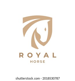 Royal horse logo emblem. Elegant stallion shield icon. Equine stables sign. Equestrian horse show symbol. Vector illustration.