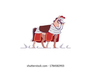 Royal horse semi flat RGB color vector illustration. Animal for knight to ride in battle. War crusader. Fighter tournament. Horse in heraldic armor isolated cartoon character on white background