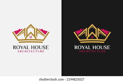 Royal House Logo Design with Abstract Golden Crown Concept for Architecture Building Symbol.
