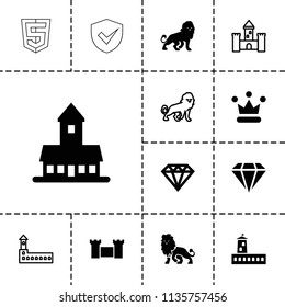 Royal icon. collection of 13 royal filled and outline icons such as lion, castle, diamond, crown. editable royal icons for web and mobile.