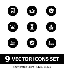 Royal icon. collection of 9 royal filled icons such as castle, shield. editable royal icons for web and mobile.