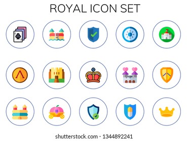 royal icon set. 15 flat royal icons.  Simple modern icons about  - playing cards, shield, castle, medieval, crown, carriage