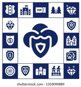 royal icon set. 17 filled royal icons.  Collection Of - Shield, Diamond, Castle, Playing cards, Vip, Fortress, Gem