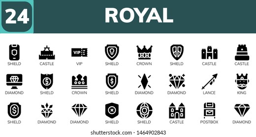 royal icon set. 24 filled royal icons.  Collection Of - Shield, Castle, Vip, Crown, Diamond, Lance, King, Postbox