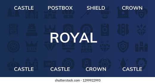  royal icon set. 32 filled royal icons. on blue background style Simple modern icons about  - Castle, Postbox, Shield, Crown, Diamond, Vip, Lance, Fortress, King