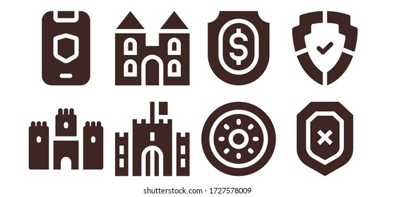 royal icon set. 8 filled royal icons. Included Castle, Shield icons