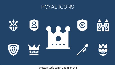 royal icon set. 9 filled royal icons. Included Crown, Shield, Diamond, King, Castle, Lance icons