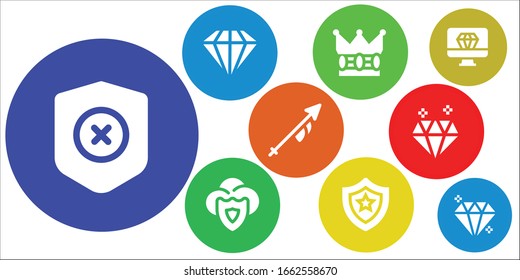 royal icon set. 9 filled royal icons. Included Shield, Diamond, Crown, Lance, Gem icons