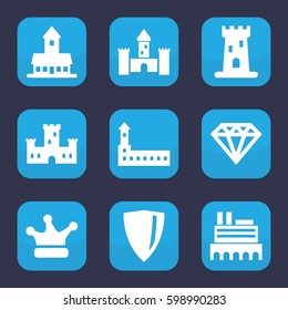 royal icon. Set of 9 filled royal icons such as castle, Diamond, crown