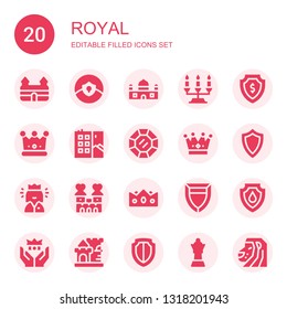 royal icon set. Collection of 20 filled royal icons included Castle, Shield, Candelabra, Crown, Graffiti, Diamond, Queen, Lion