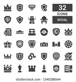 royal icon set. Collection of 32 filled royal icons included Graffiti, Shield, Birthday girl, Crown, Queen, Castle, Leo, Diamond, Medieval walls, British museum, Lion, Throne