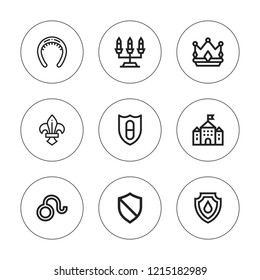 Royal icon set. collection of 9 outline royal icons with candelabra, castle, diadem, crown, lis, leo icons. editable icons.