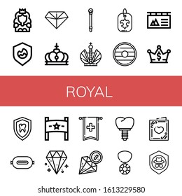 royal icon set. Collection of Princess, Shield, Diamond, Crown, Sceptre, Fleur de lis, Banner, P t, Gem, Wedding card icons