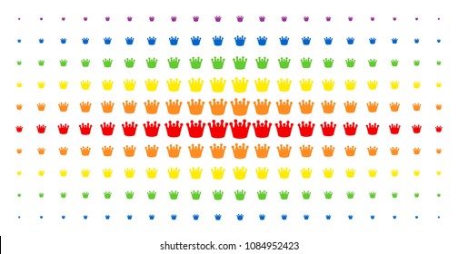 Royal icon spectrum halftone pattern. Vector royal objects are organized into halftone grid with vertical rainbow colors gradient. Designed for backgrounds, covers,