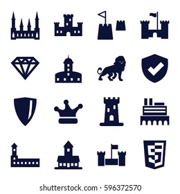 royal icons set. Set of 16 royal filled icons such as lion, castle, Diamond, crown, castle tower
