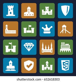 Royal icons set. set of 16 royal filled icons such as castle, diamond, crown
