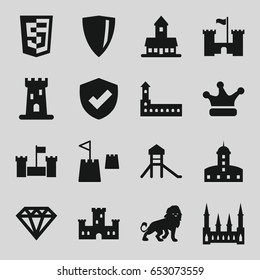 Royal icons set. set of 16 royal filled icons such as lion, castle, diamond, crown, castle tower