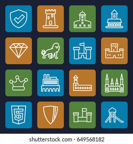 Royal icons set. set of 16 royal outline icons such as lion, castle, diamond, crown
