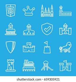 Royal icons set. set of 16 royal outline icons such as lion, castle, crown, castle tower