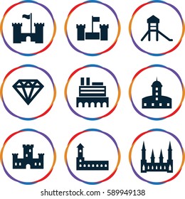 royal icons set. Set of 9 royal filled icons such as castle
