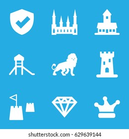 Royal icons set. set of 9 royal filled icons such as lion, castle, diamond, crown, castle tower