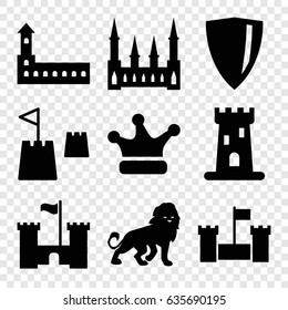 Royal icons set. set of 9 royal filled icons such as lion, castle, crown, castle tower