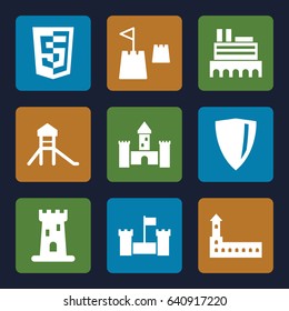 Royal icons set. set of 9 royal filled icons such as castle, castle tower