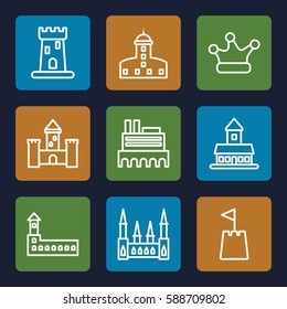 royal icons set. Set of 9 royal outline icons such as castle, crown