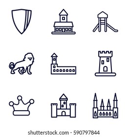 royal icons set. Set of 9 royal outline icons such as lion, castle, crown