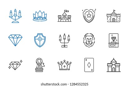 royal icons set. Collection of royal with castle, ace of diamonds, crown, lion, diamond, candelabra, shield. Editable and scalable royal icons.