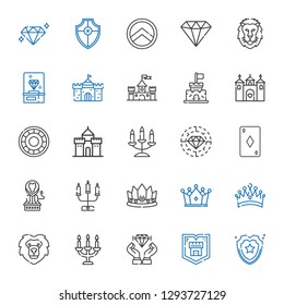 royal icons set. Collection of royal with shield, diamond, candelabra, lion, crown, ace of diamonds, castle. Editable and scalable royal icons.