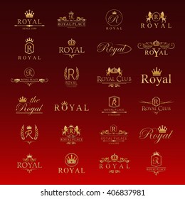 Royal Icons Set-Isolated On Red Background-Vector Illustration,Graphic Design. Collection Of Royal Icons.Modern Concept, Royal Logotype