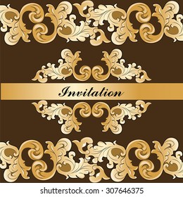 Royal imperial classic ornament damask invitation in gold and chocolate. Vector