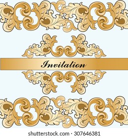 Royal imperial classic ornament damask invitation in gold and blue. Vector