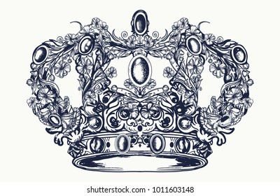 Royal imperial crown from art nouveau flowers tattoo and t-shirt design 
