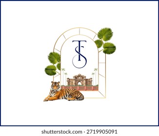 Royal Indian theme wedding logo featuring tiger and palace architecture.