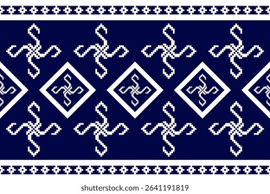 royal indigo weave – a luxurious pixel Thai textile pattern in timeless blue and white elegance for fabric, cloth, dress, carpet, curtain, sarong, batik.