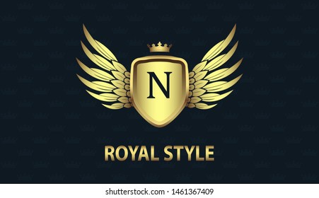 Royal initial letter N isolated on gold shield with wings, crown. Colorful background. Luxury 3D logo business vector template. Modern design logotype, Brand name, emblem, monogram, symbol for company