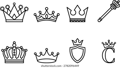 Royal insignia collection crowns scepter and heraldic shields line art
