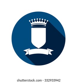 Royal insignia, security shield with king crown isolated on white. Heraldry, imperial coat of arms.