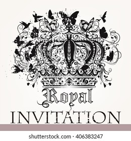 Royal invitation card with crown from butterflies and birds luxury grunge style vector