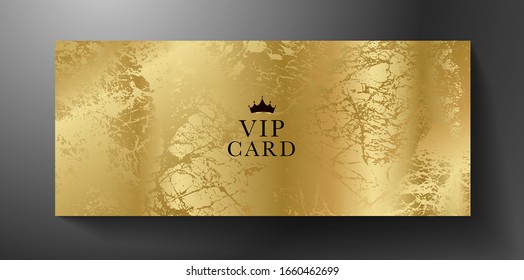 Royal invite card design for VIP with black crown symbol. Gold background with abstract modern lines for golden ticket template, gathering