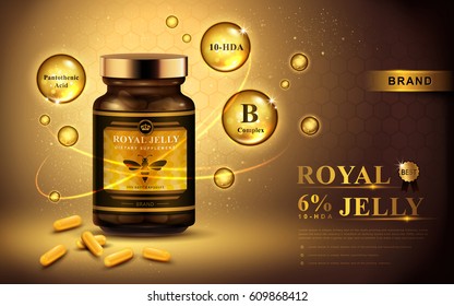 royal jelly ad with capsules and shining bubbles, golden background 3d illustration