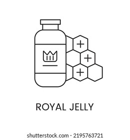 Royal jelly of bees icon line in vector, illustration of a bottle next to honeycombs, product of human breeding.