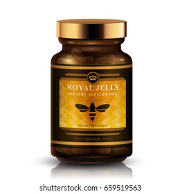 Royal Jelly Package Design, Labeled Bottle Isolated White Background, 3d Illustration