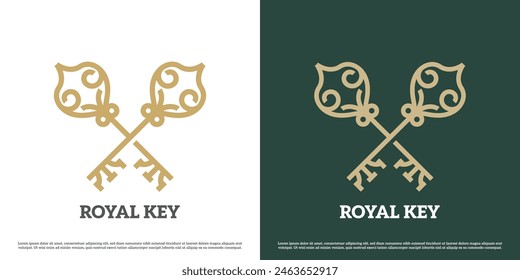 Ilustración del diseño del logotipo de la llave real. Silueta de las llaves objeto reino ojo de la cerradura tesoro joyería accesorios reliquia. Símbolo plano simple minimalista clásico clásico vintage de lujo elegante glamour geométrico.