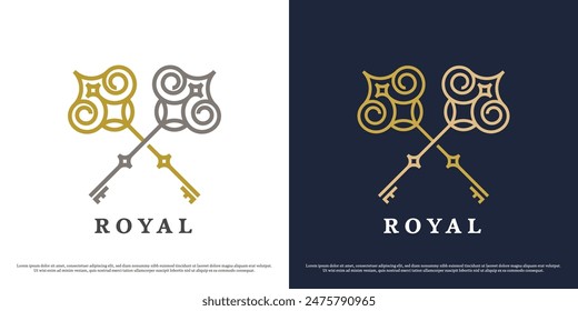 Royal key logo design illustration. Silhouette of key to royal treasure gothic victorian majestic capital monarch. Simple flat icon symbol minimal minimalist decorative elegant luxury.